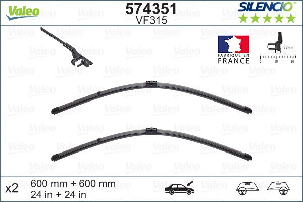 Set stergatoare parbriz VALEO SILENCIO X.TRM FLAT BLADE SET 574351, lungime 600 mm, fara carcasa, cu spoiler