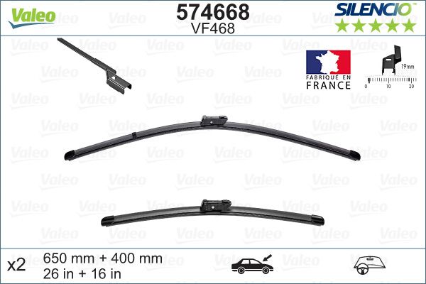 Set stergatoare parbriz VALEO SILENCIO X.TRM FLAT BLADE SET 574668, lungime 650 mm, 400 mm, fara carcasa, cu spoiler