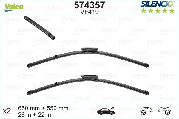 Set stergatoare parbriz VALEO SILENCIO X.TRM FLAT BLADE SET 574357, lungime 650 mm, 550 mm, fara carcasa, cu spoiler