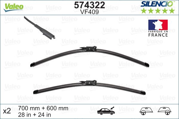 Set stergatoare parbriz VALEO SILENCIO X.TRM FLAT BLADE SET 574322, lungime 700 mm, 600 mm, fara carcasa, cu spoiler