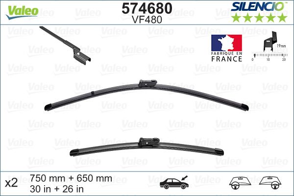 Set stergatoare parbriz VALEO SILENCIO X.TRM FLAT BLADE SET 574680, lungime 750 mm, 650 mm, fara carcasa, cu spoiler