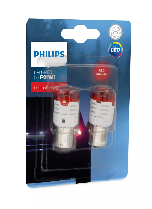 Set 2 becuri LED auto pentru semnalizare PHILIPS Ultinon Pro3000 SI 11498U30RB2, PR21W, soclu BA15S, rosu