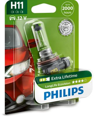 Bec far faza lunga PHILIPS LongLife EcoVision 12362LLECOB1, H11, 12V, 55W, PGJ19-2, 3000K, halogen