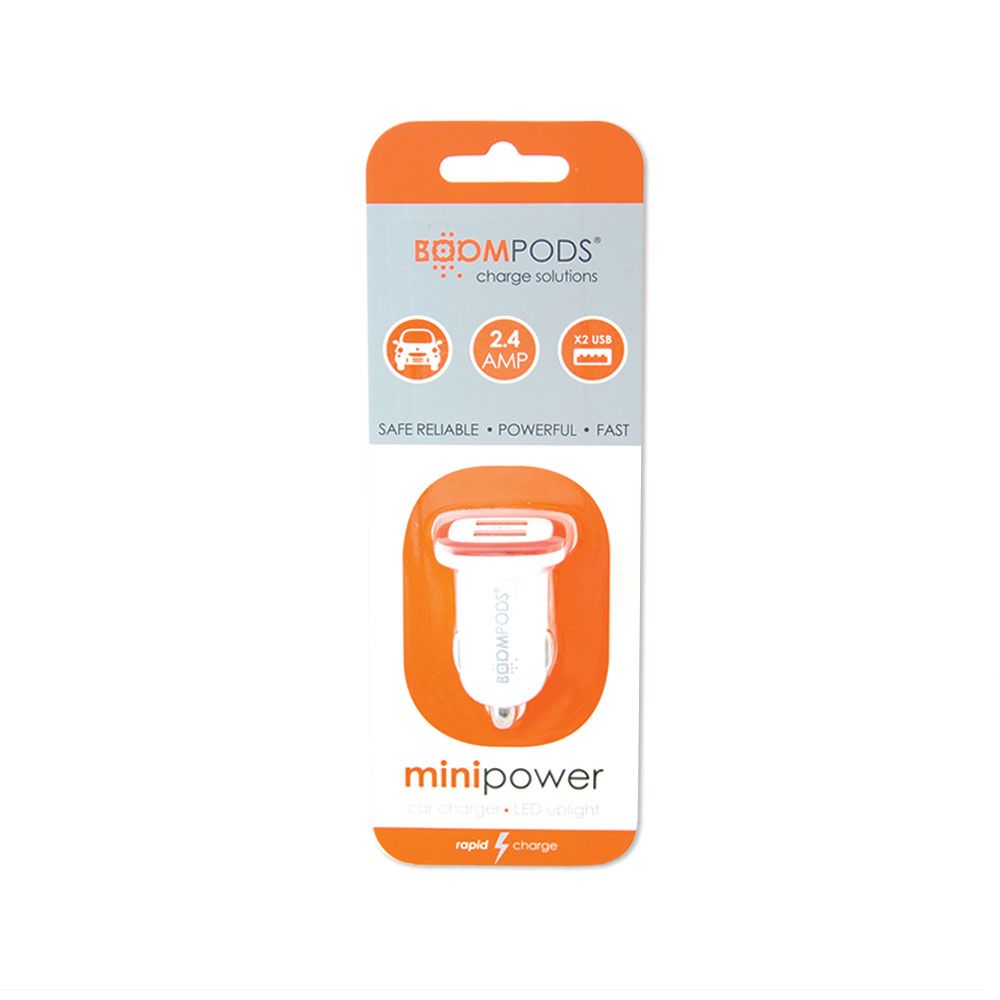 Incarcator auto mini BOOMPODS CC2WHT, 2.4 A, dual USB, led indicator, incarcare rapida, alb