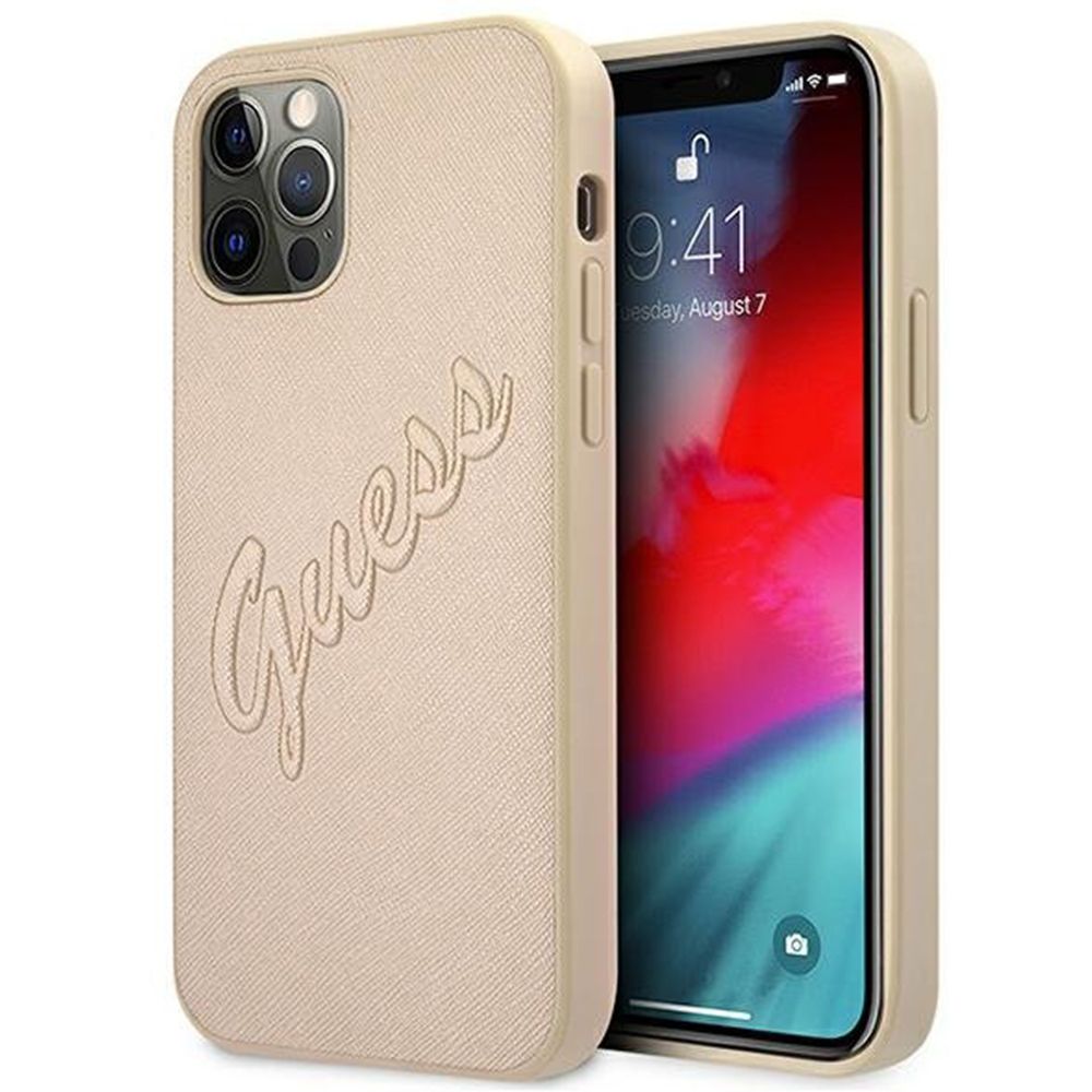 Carcasa iPhone 12 Pro Max GUESS Saffiano Vintage Script GUHCP12LRSAVSLG, auriu