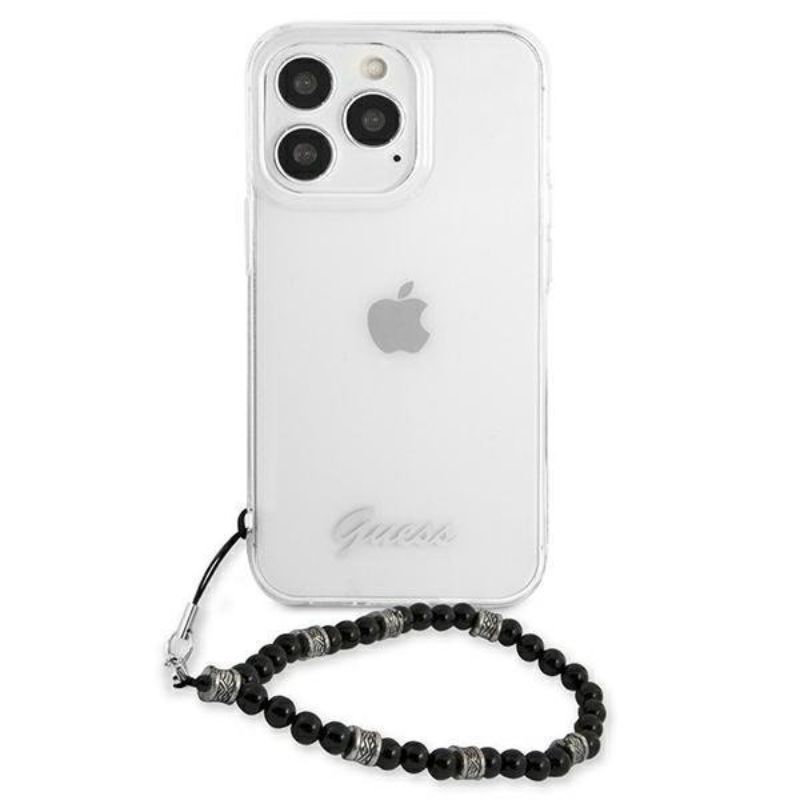 Husa iPhone 13 Pro Max GUESS Script and Black Pearls GHSBPIXIIIPMT, transparent