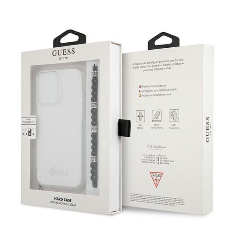 Husa iPhone 13 Pro Max GUESS Script and Black Pearls GHSBPIXIIIPMT, transparent