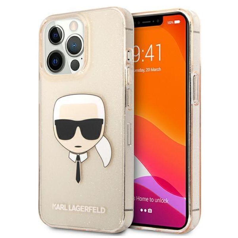 Husa pentru iPhone 13 Pro KARL LAGERFELD KLHCP13LKHTUGLGO, Glitter Karls Head, Auriu