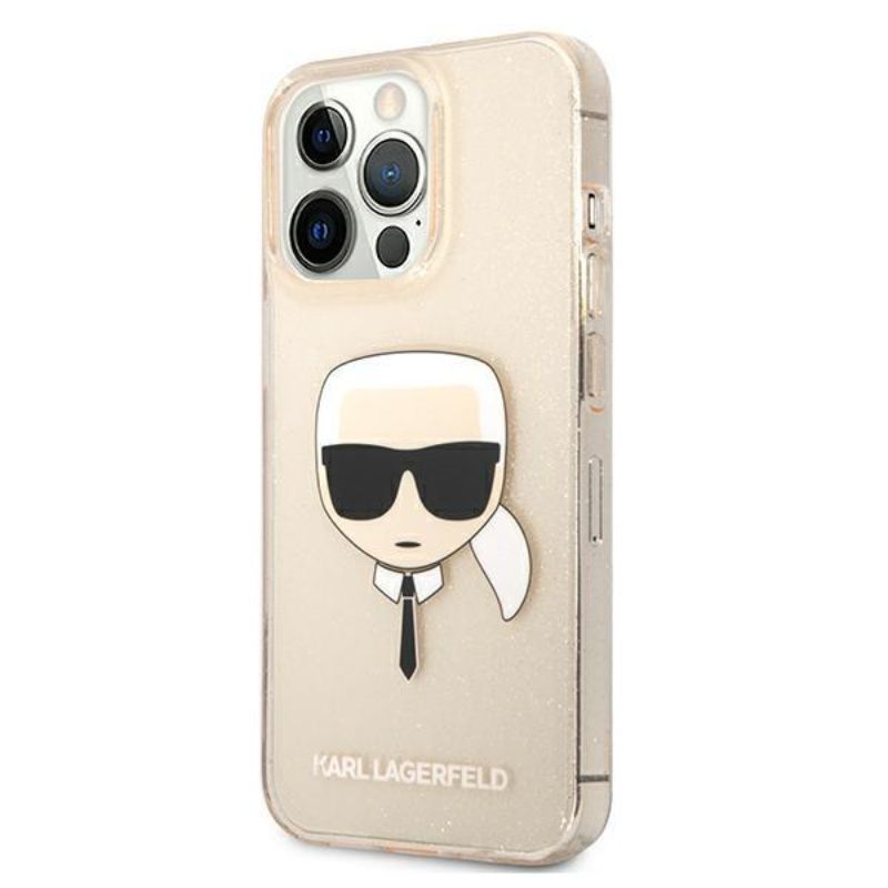Husa pentru iPhone 13 Pro KARL LAGERFELD KLHCP13LKHTUGLGO, Glitter Karls Head, Auriu