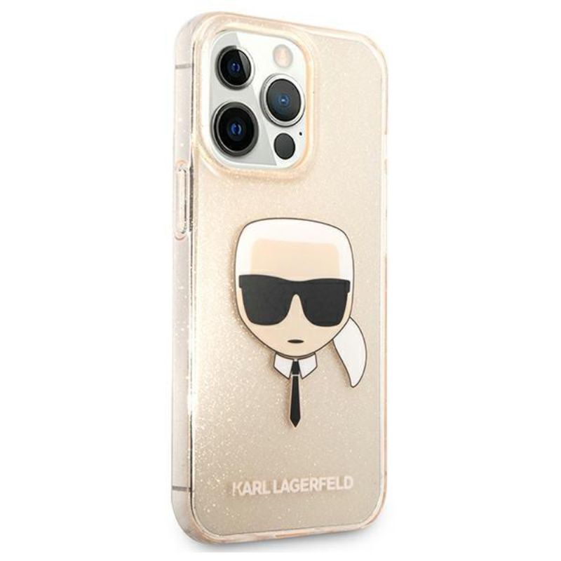 Husa pentru iPhone 13 Pro KARL LAGERFELD KLHCP13LKHTUGLGO, Glitter Karls Head, Auriu