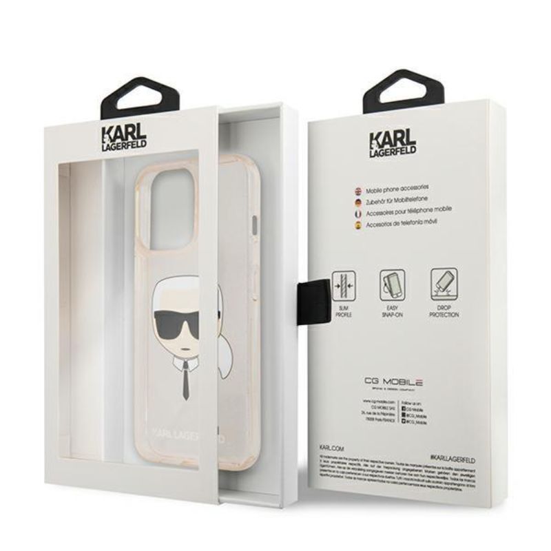 Husa pentru iPhone 13 Pro KARL LAGERFELD KLHCP13LKHTUGLGO, Glitter Karls Head, Auriu
