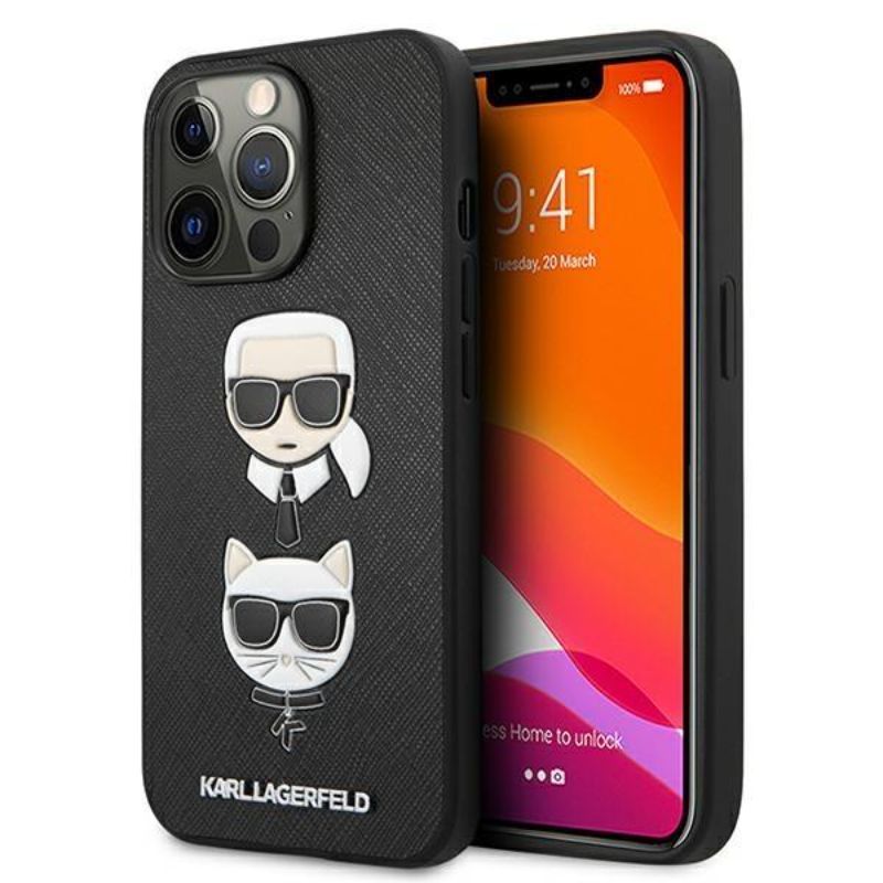Husa pentru iPhone 13 Pro KARL LAGERFELD KLHCP13LSAKICKCBK, Saffiano Karl and Choupette, Negru