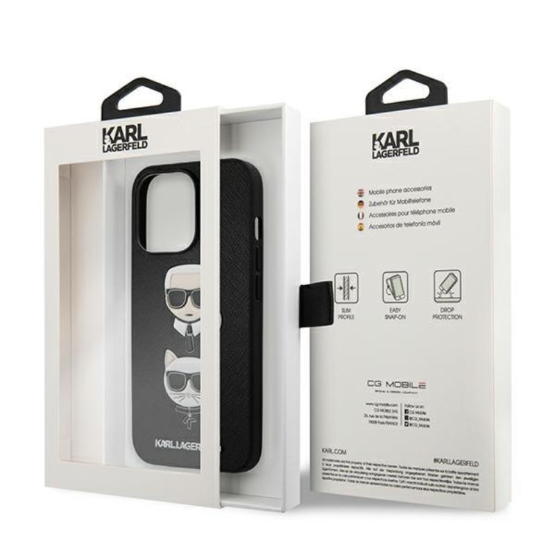 Husa pentru iPhone 13 Pro KARL LAGERFELD KLHCP13LSAKICKCBK, Saffiano Karl and Choupette, Negru