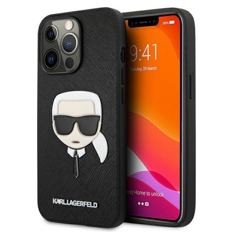 Husa pentru iPhone 13 Pro KARL LAGERFELD KLHCP13LSAKHBK, Saffiano Ikonik Karls Head, Negru