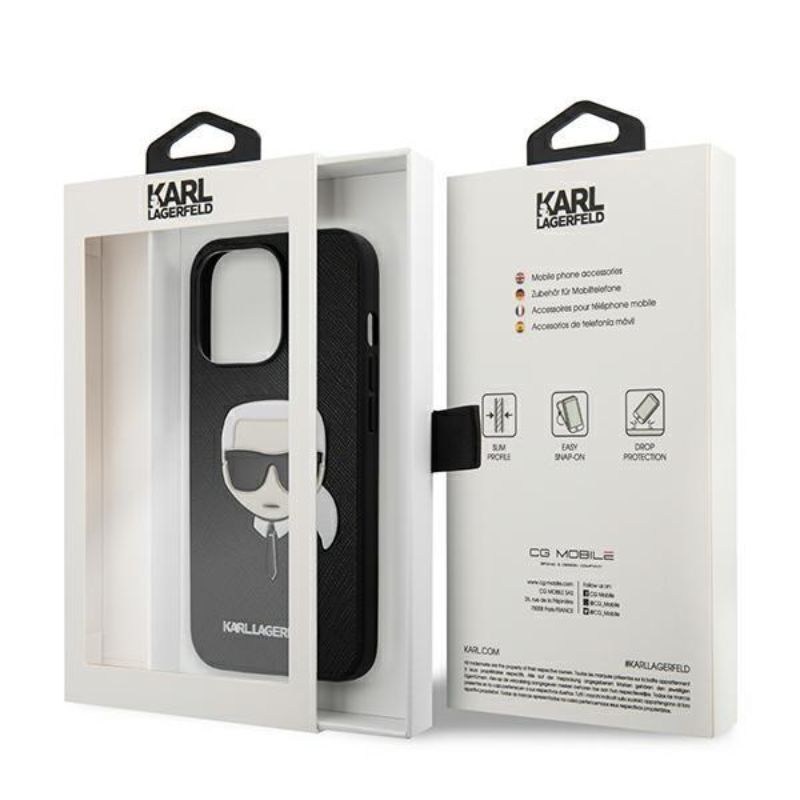 Husa pentru iPhone 13 Pro KARL LAGERFELD KLHCP13LSAKHBK, Saffiano Ikonik Karls Head, Negru