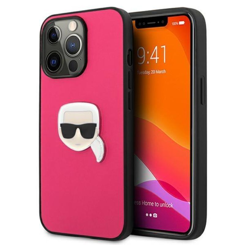 Husa pentru iPhone 13 Pro KARL LAGERFELD KLHCP13LPKMP, Leather Ikonik Karls Head, Metal roz