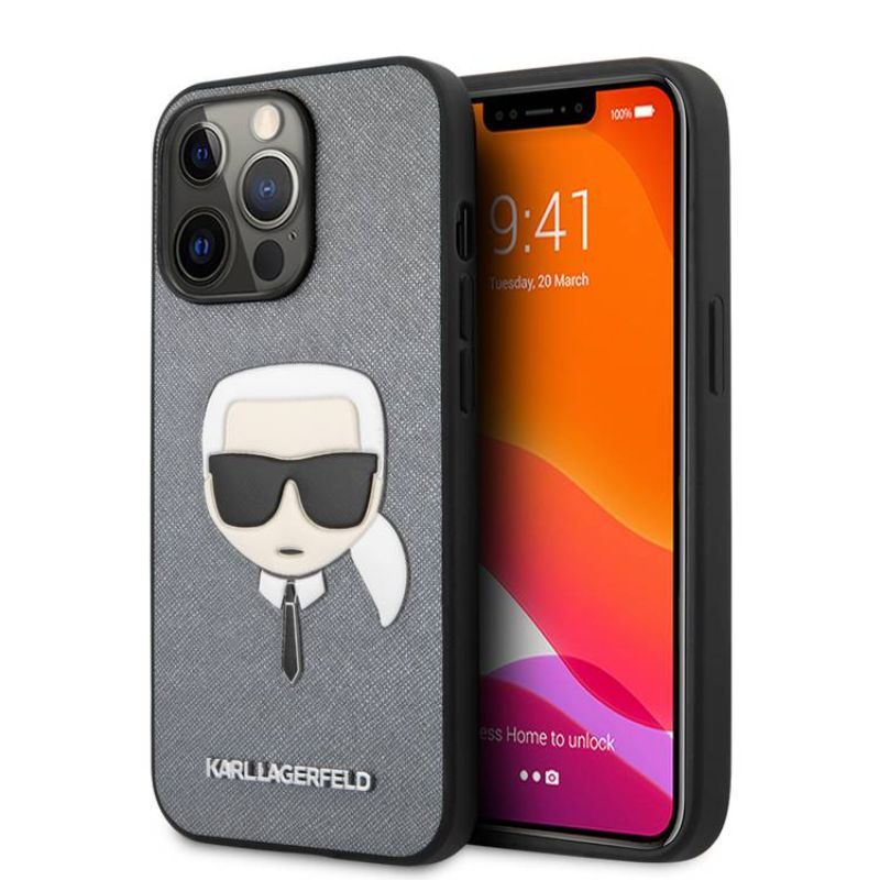Husa pentru iPhone 13 Pro KARL LAGERFELD KLHSKHIXIIIPAG, Saffiano Karls Head, Argintiu