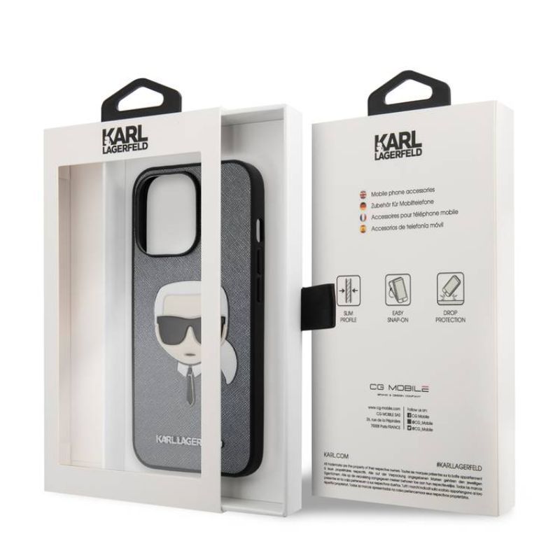 Husa pentru iPhone 13 Pro KARL LAGERFELD KLHSKHIXIIIPAG, Saffiano Karls Head, Argintiu