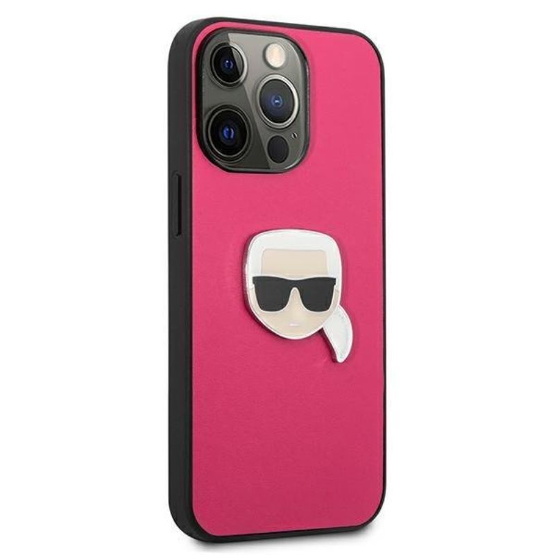 Husa pentru iPhone 13 Pro Max KARL LAGERFELD KLHCP13XPKMP, Leather Ikonik Karls Head Metal, Roz