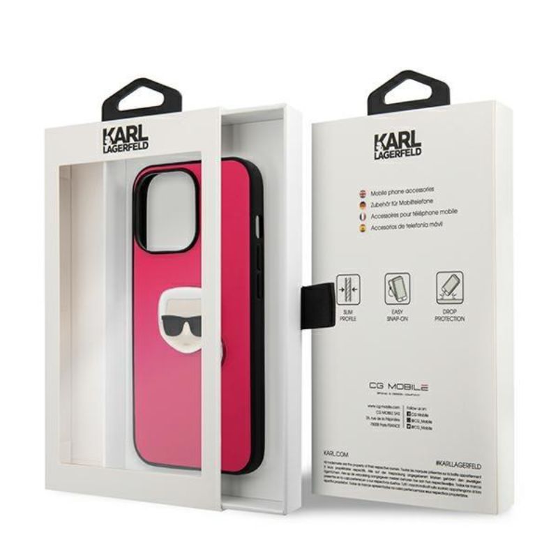 Husa pentru iPhone 13 Pro Max KARL LAGERFELD KLHCP13XPKMP, Leather Ikonik Karls Head Metal, Roz