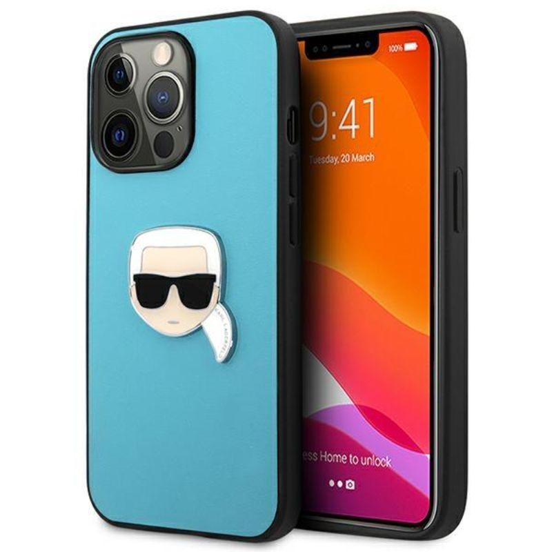 Husa pentru iPhone 13 / 13 Pro KARL LAGERFELD KLHCP13LPKMB, Leather Ikonik Karls Head, Metal Albastru