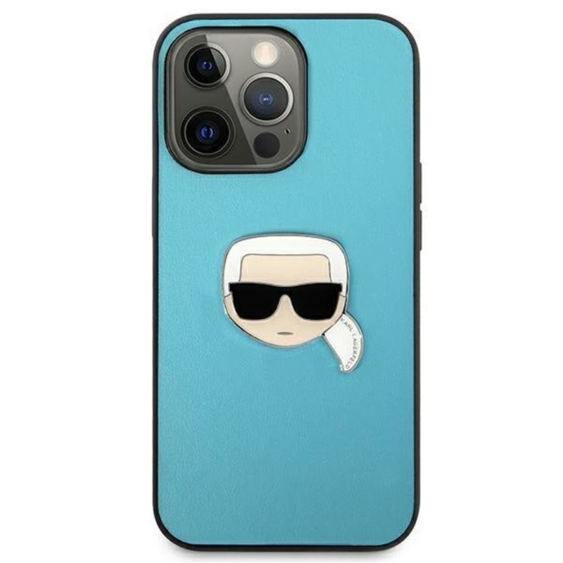 Husa pentru iPhone 13 / 13 Pro KARL LAGERFELD KLHCP13LPKMB, Leather Ikonik Karls Head, Metal Albastru