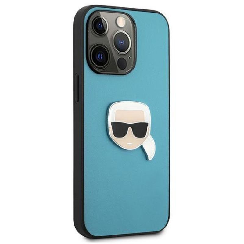 Husa pentru iPhone 13 / 13 Pro KARL LAGERFELD KLHCP13LPKMB, Leather Ikonik Karls Head, Metal Albastru