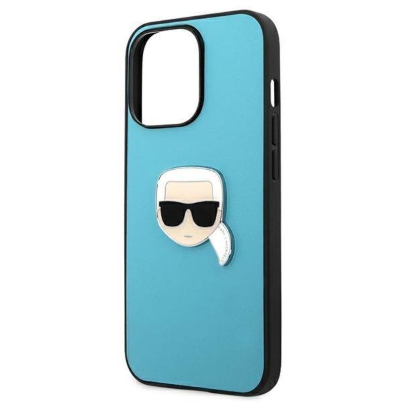 Husa pentru iPhone 13 / 13 Pro KARL LAGERFELD KLHCP13LPKMB, Leather Ikonik Karls Head, Metal Albastru
