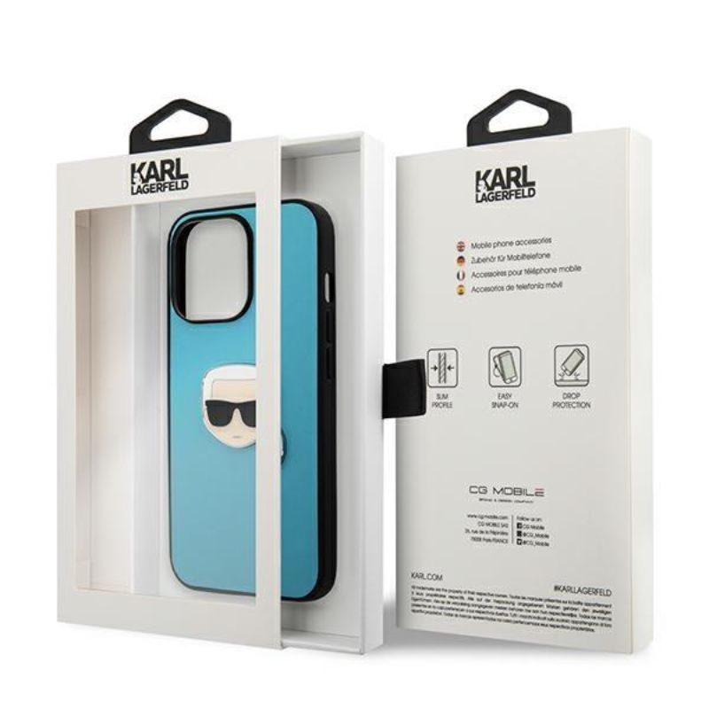 Husa pentru iPhone 13 / 13 Pro KARL LAGERFELD KLHCP13LPKMB, Leather Ikonik Karls Head, Metal Albastru