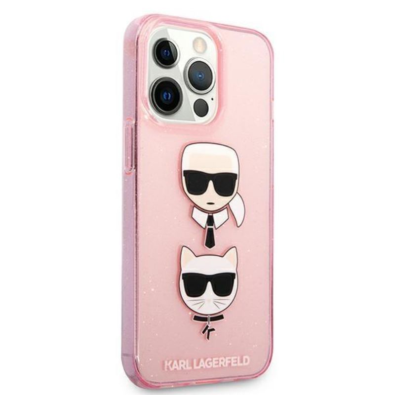 Husa pentru iPhone 13 / 13 Pro KARL LAGERFELD KLHCP13LKCTUGLP, Glitter Karls and Choupette, Roz
