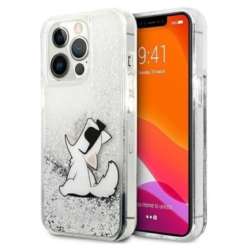 Husa pentru iPhone 13 / 13 Pro KARL LAGERFELD KLHCP13LKCTUGLP, Glitter Karls and Choupette, Roz