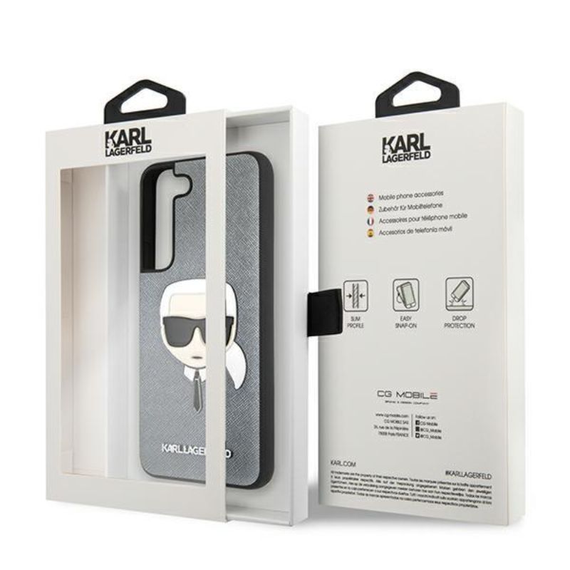 Husa pentru Samsung Galaxy S22 Plus KARL LAGERFELD KLHCS22MSAKHSL, Saffiano Ikonik Karls Head, Argintiu