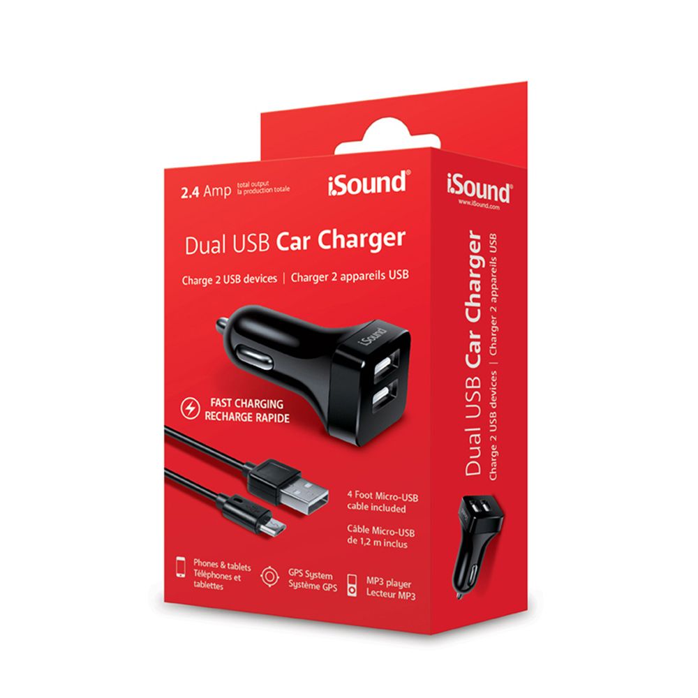 Incarcator auto 2.4 A, ISOUND ISOUND-6856, Dual USB, negru, cablu microUSB, lungime 1.2 m