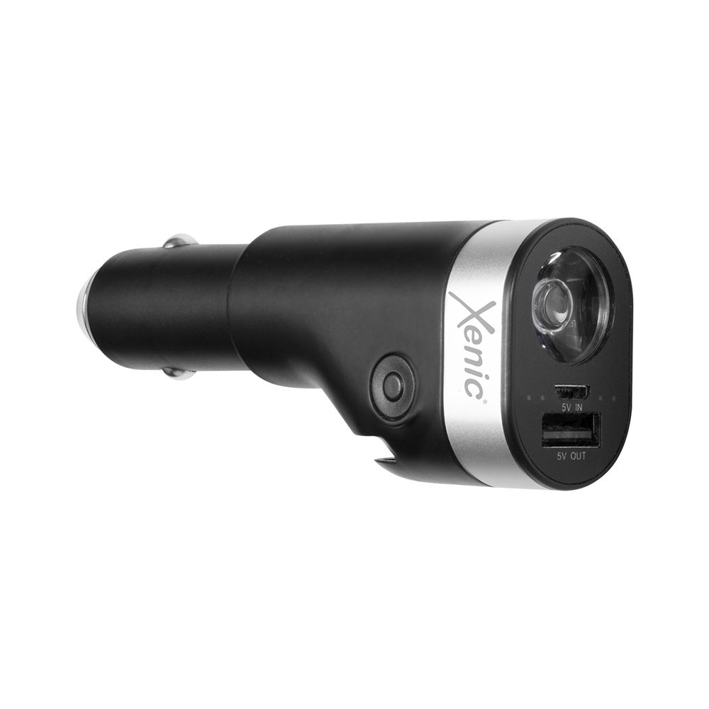Incarcator auto multifunctional XENIC CH02, 5 V, 1 A, port USB, power bank 2600 mAh Li-Ion, lanterna LED, 90 lm, culoare rece, cu ciocan de urgenta si lama, negru