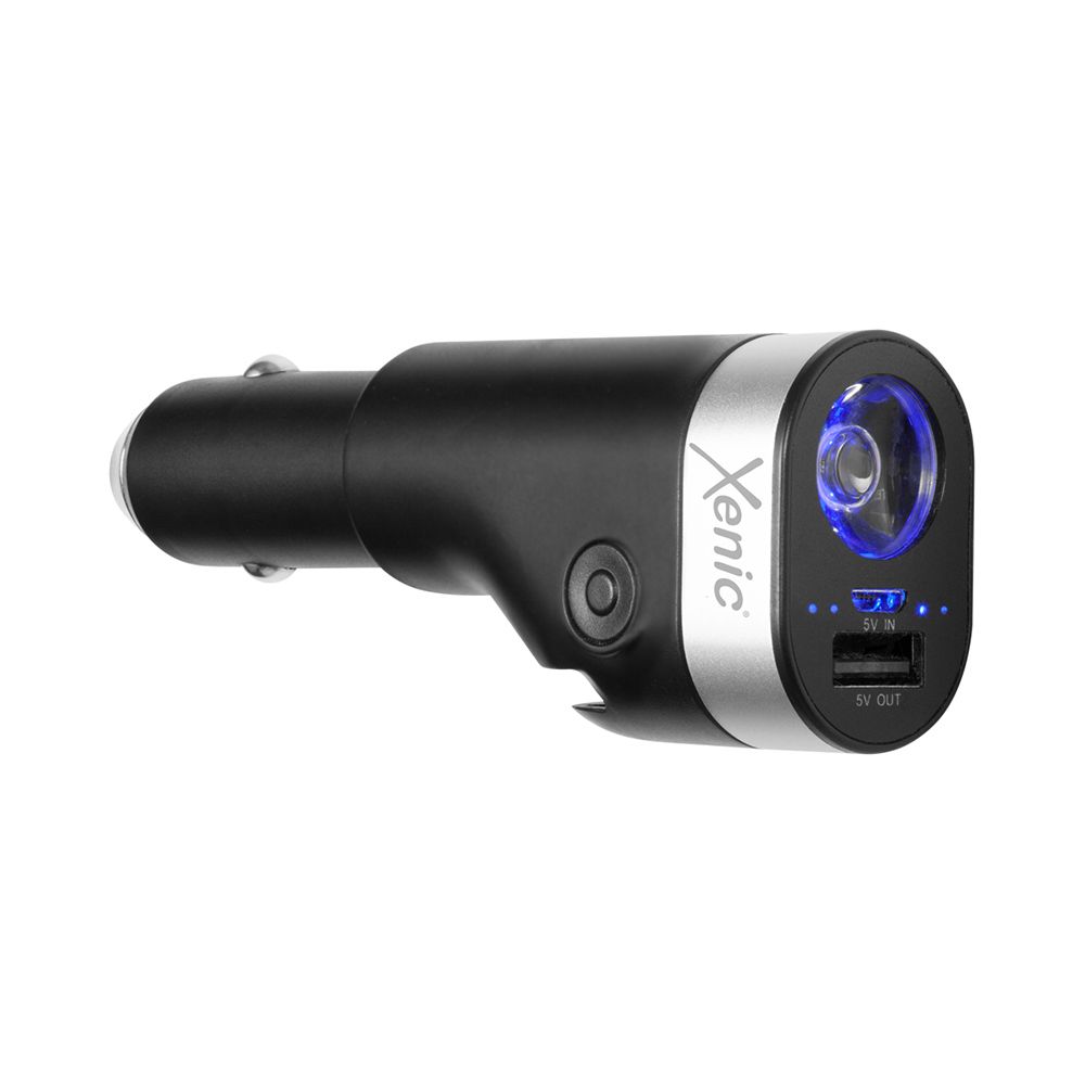 Incarcator auto multifunctional XENIC CH02, 5 V, 1 A, port USB, power bank 2600 mAh Li-Ion, lanterna LED, 90 lm, culoare rece, cu ciocan de urgenta si lama, negru