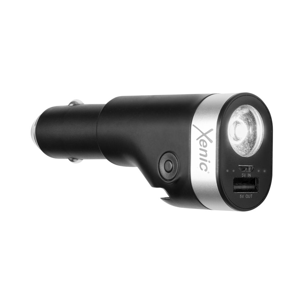 Incarcator auto multifunctional XENIC CH02, 5 V, 1 A, port USB, power bank 2600 mAh Li-Ion, lanterna LED, 90 lm, culoare rece, cu ciocan de urgenta si lama, negru