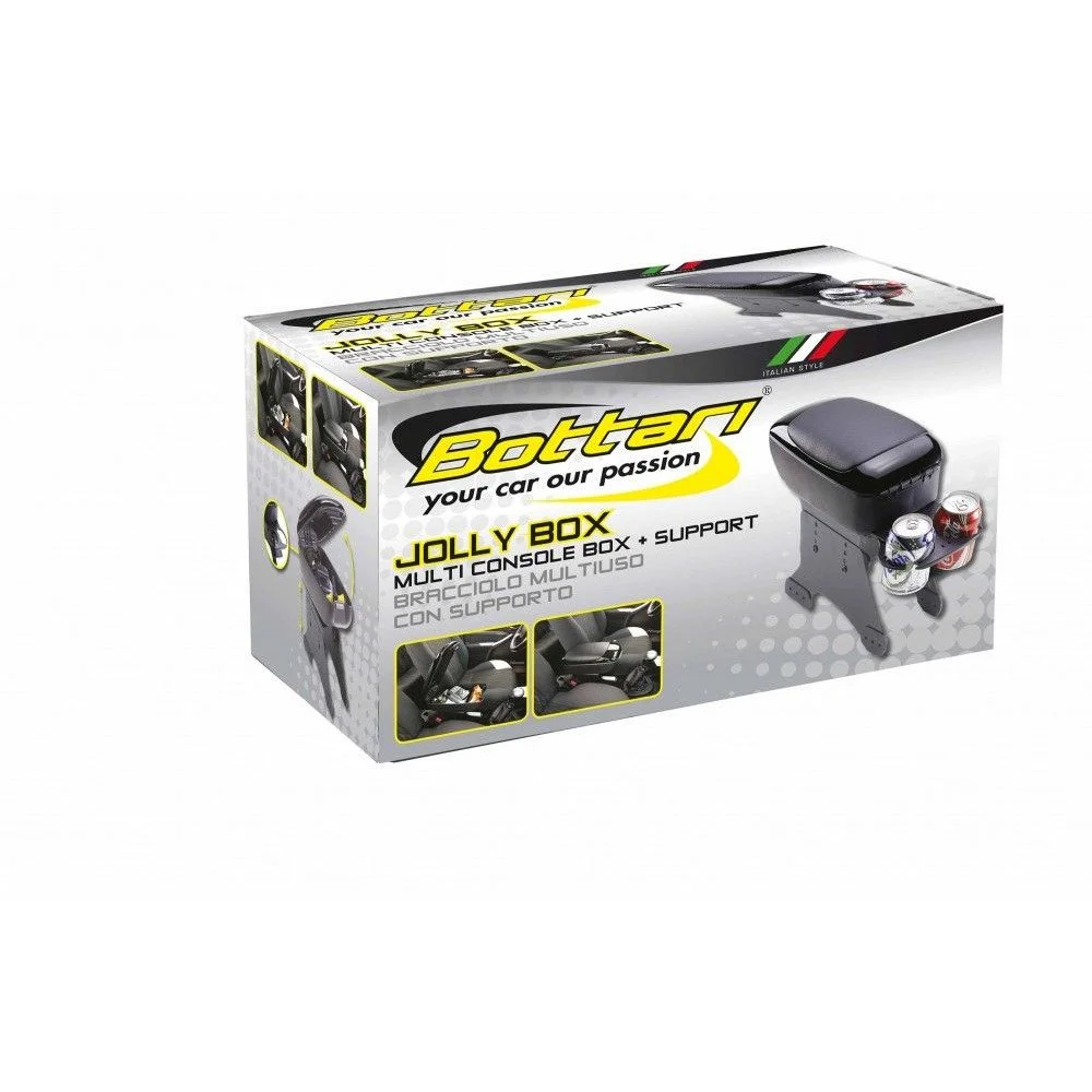 Cotiera auto BOTTARI Jolly Box 16115BT, compatibiliate universala, din plastic ABS si piele ecologica, cu 2 suporturi pentru pahare, negru