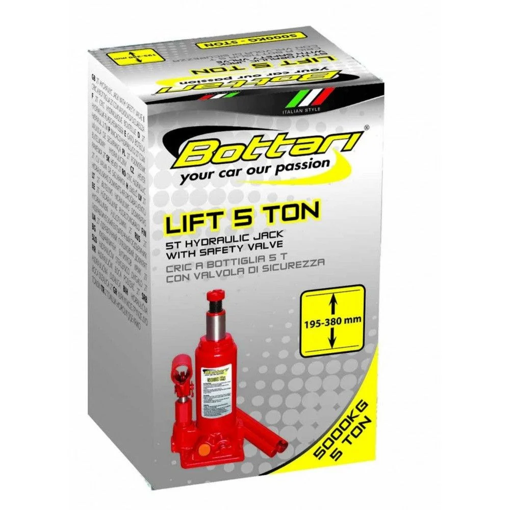 Cric hidraulic auto BOTTARI Lift 24171BT, capacitate ridicare 5 tone, lungime cursa 195 - 380 mm, cu supapa de siguranta, rosu