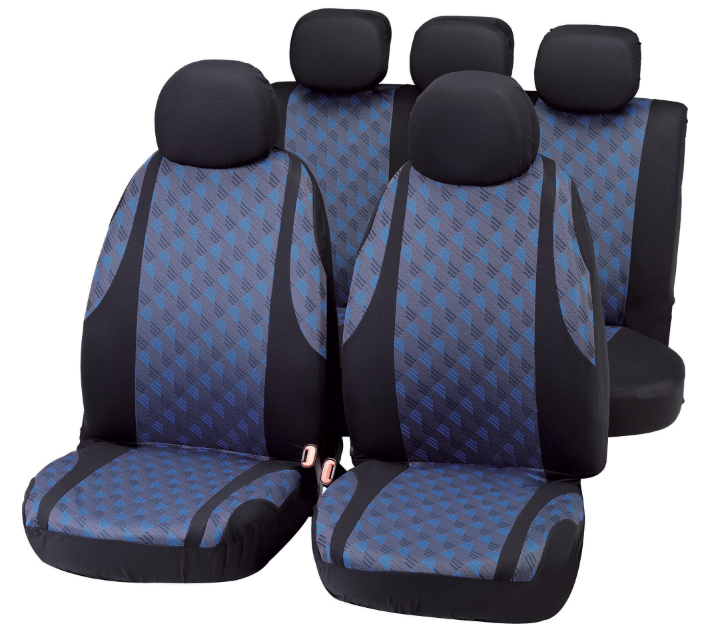 Set huse pentru scaune auto BOTTARI Jaquard 10024BT, universale, material textil elastic, negru/albastru, montare cu benzi elastice