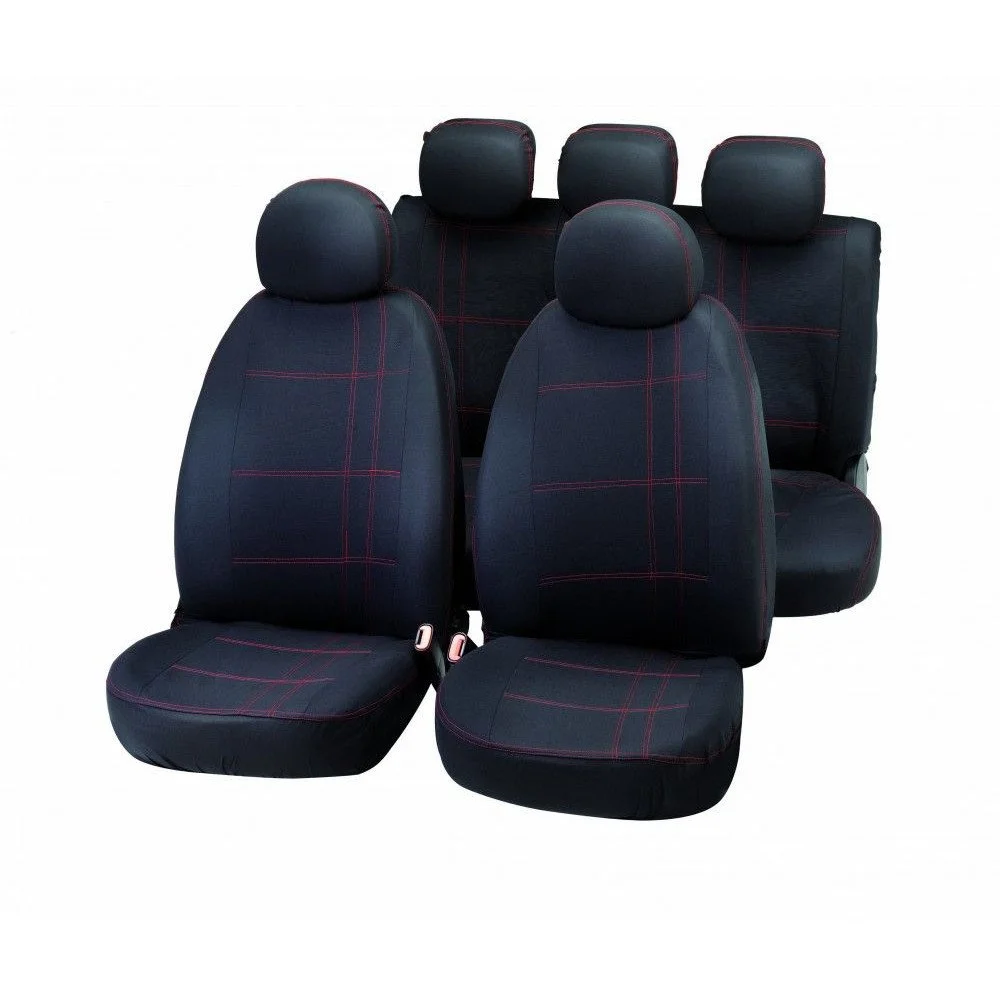 Set huse pentru scaune auto BOTTARI Embroidery 10029BT, universale, material textil elastic, cu broderie, negru/rosu, montare cu benzi elastice