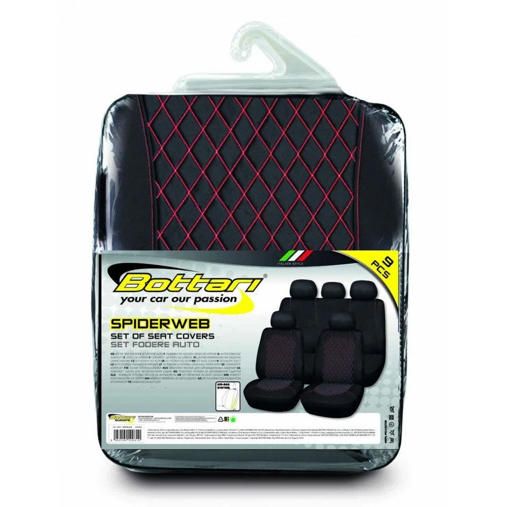Set huse pentru scaune auto BOTTARI Spiderweb 10031BT, universale, material textil elastic, negru/rosu, montare cu benzi elastice
