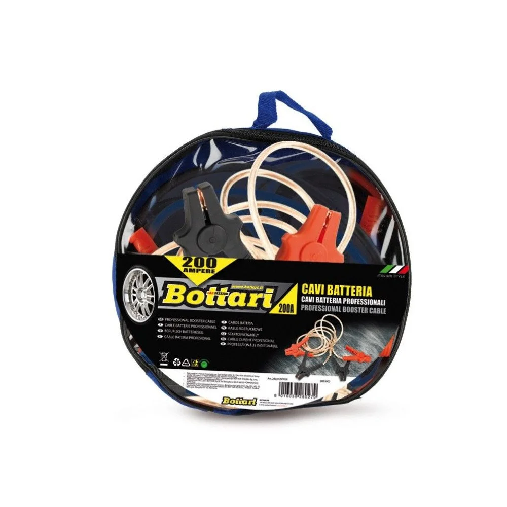 Set 2 cabluri de curent, pornire auto, BOTTARI Zipper 28028BT, 200 A, lungime 2 metri, grosime cablu 8 mm, cleme tip crocodil izolate