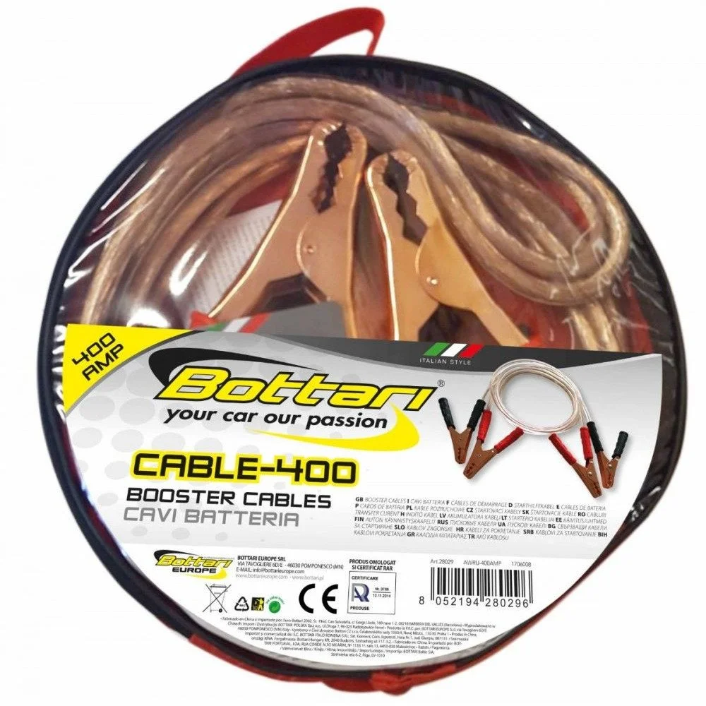 Set 2 cabluri de curent, pornire auto, BOTTARI Zipper 28029BT, 400 A, lungime 2 metri, grosime cablu 10 mm, cleme tip crocodil izolate