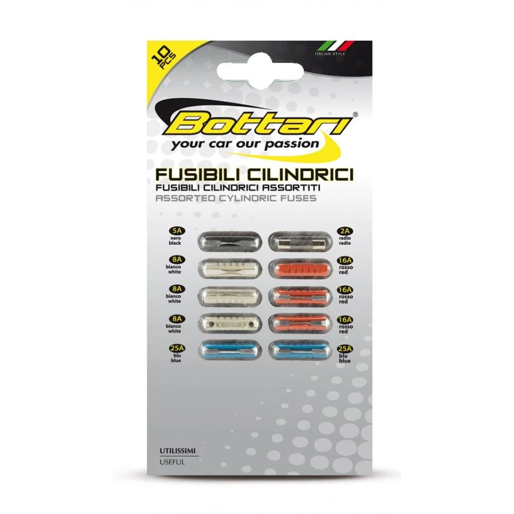 Set 10 sigurante auto, cilindrice, BOTTARI Fusibili Cilindrici 30110BT, 2A, 5A, 8A, 16A, 25A