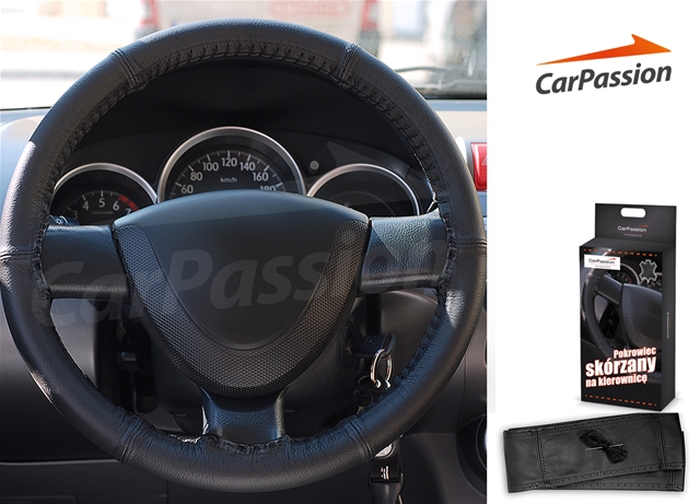 Husa pentru volan auto CARPASSION 10051CP, piele naturala, diametru 37-39 cm, prindere cu snur, negru
