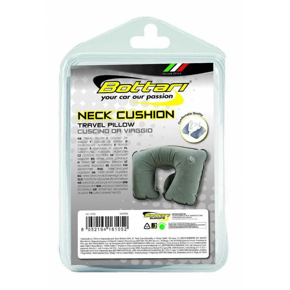 Perna cervicala gonflabila BOTTARI Neck Cushion 16105BT, pentru calatorii, din material delicat la atingere, neiritabil, gri