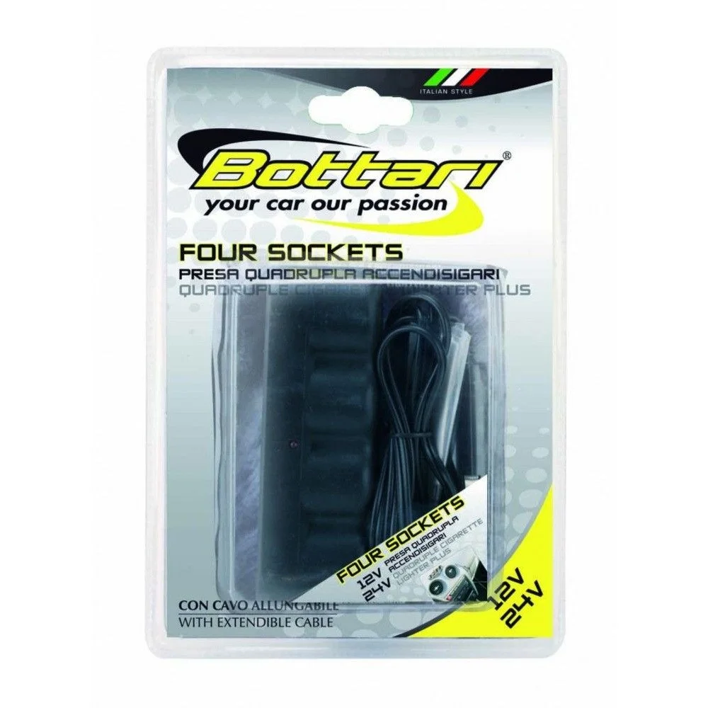 Priza auto, cu prelungitor. BOTTARI Four Sockets 30071BT, iesire 4 x prize brichete auto, alimentare 12/24V, negru