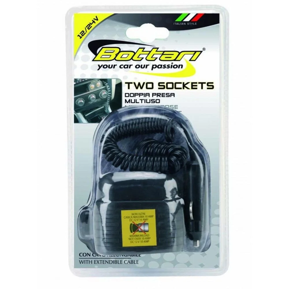 Priza auto, cu prelungitor. BOTTARI Two Sockets 30077BT, iesire 2 x prize brichete auto, alimentare 12/24V, negru