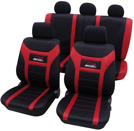 Set huse pentru scaune auto PETEX Super Speen 22974812PX, montare fata si spate, rosu/negru, din poliester, universale