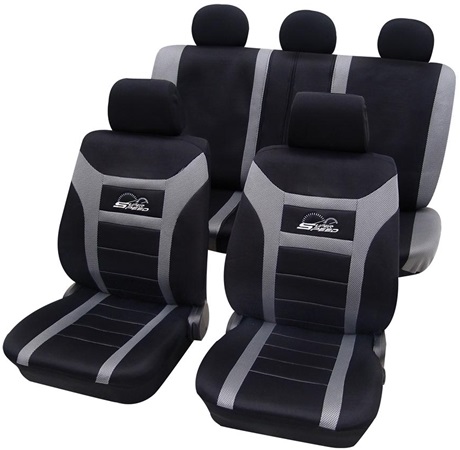 Set huse pentru scaune auto PETEX Super Speed 22974818PX, montare fata si spate, negru/gri, pentru airbag lateral, din poliester, universale